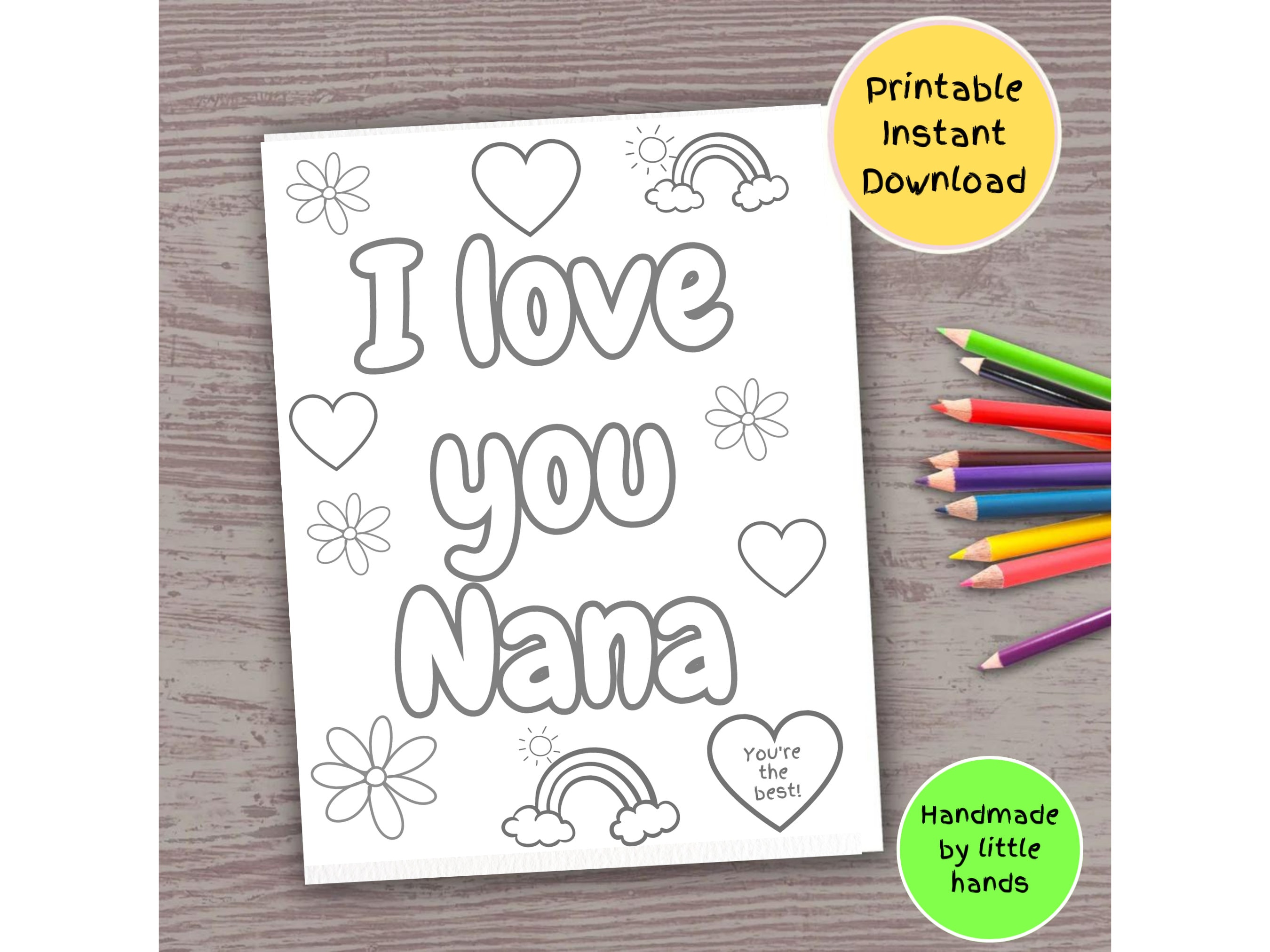 I love you nana printable coloring page for kids mothers day grandparents day activity diy handmade card gift from grandson granddaughter instant download