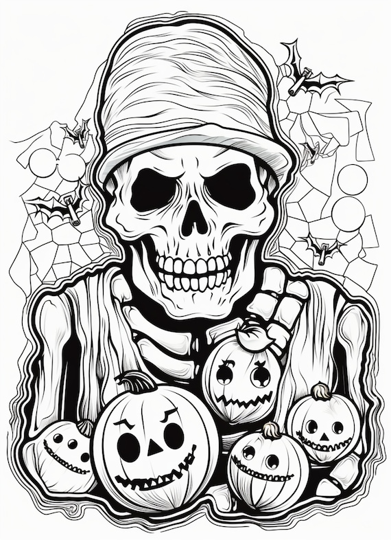 Happy halloween skeleton coloring book page image for kids students or trick