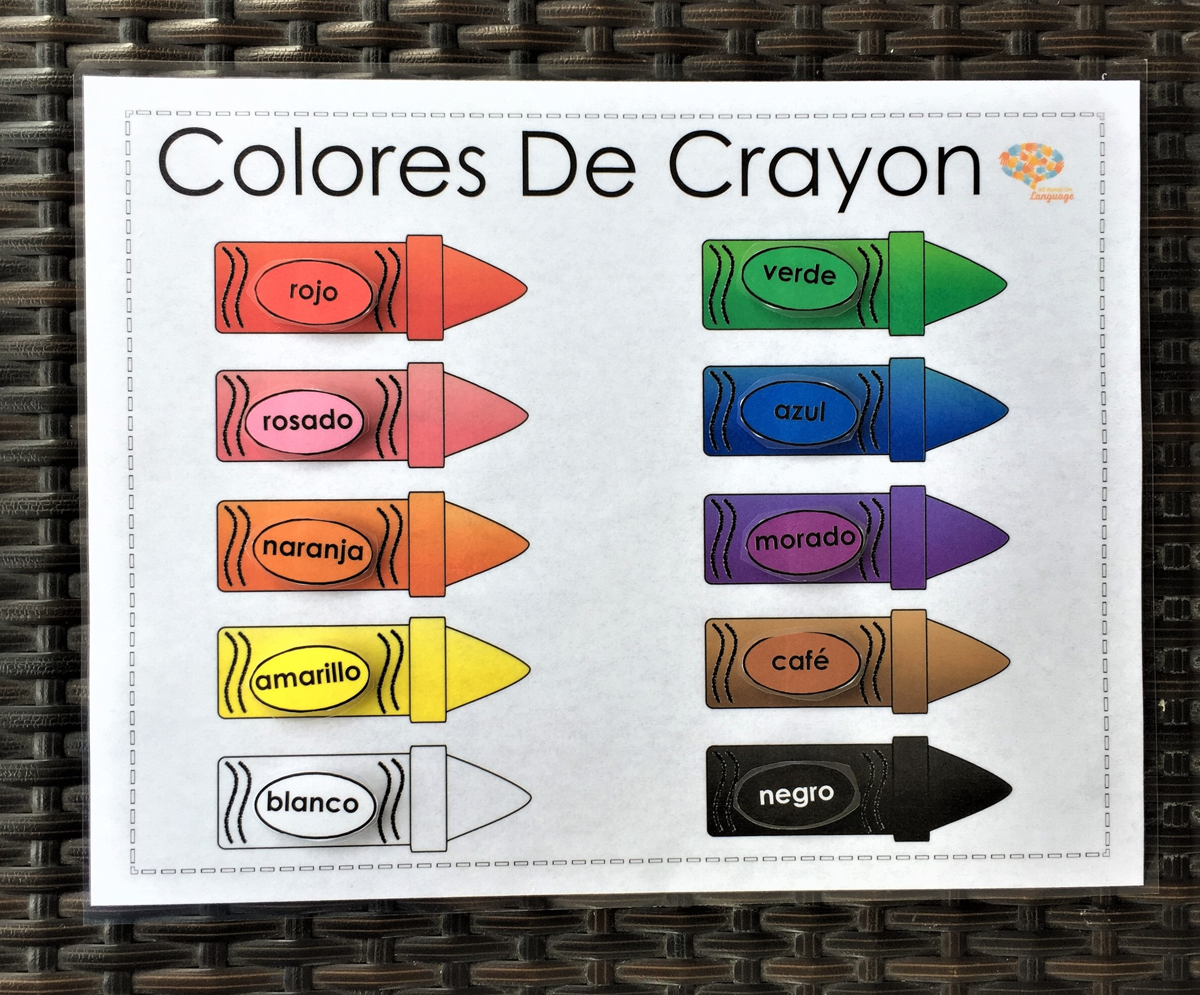 Spanish language crayon colors matching activity put the labels on the colored crayons preschool and autism pdf printable