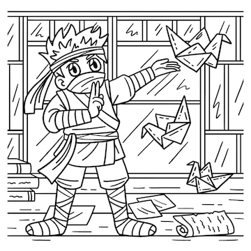 Premium vector a cute and funny coloring page of a ninja with origami provides hours of coloring fun for children color this page is very easy suitable for little kids and