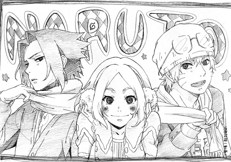 Ðð on x this team illustration by one of naruto shippudens key animators ikeda yuuki is so cute i love how naruto is pulling sasukes scarf and sasuke is trying to