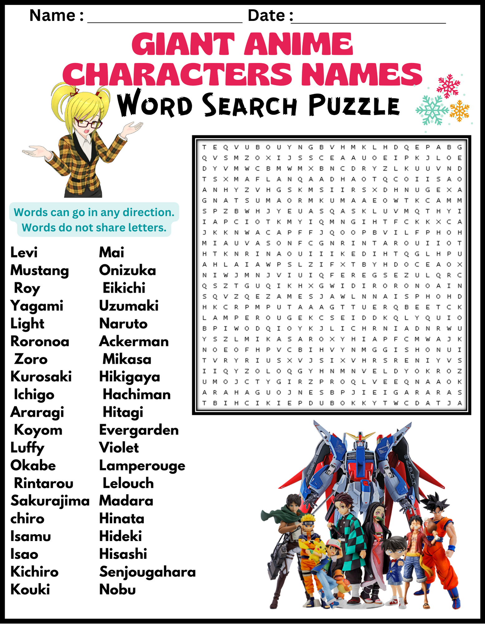 Giant anime characters names word search puzzle worksheet activity made by teachers