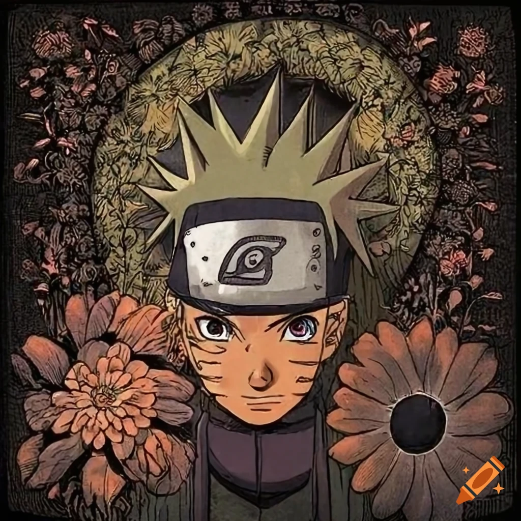 Picture of naruto and sasuke in the style of an old engraving dark color many flowers wearing weaves a wreath under a willow near the river and weaves wreaths next to them