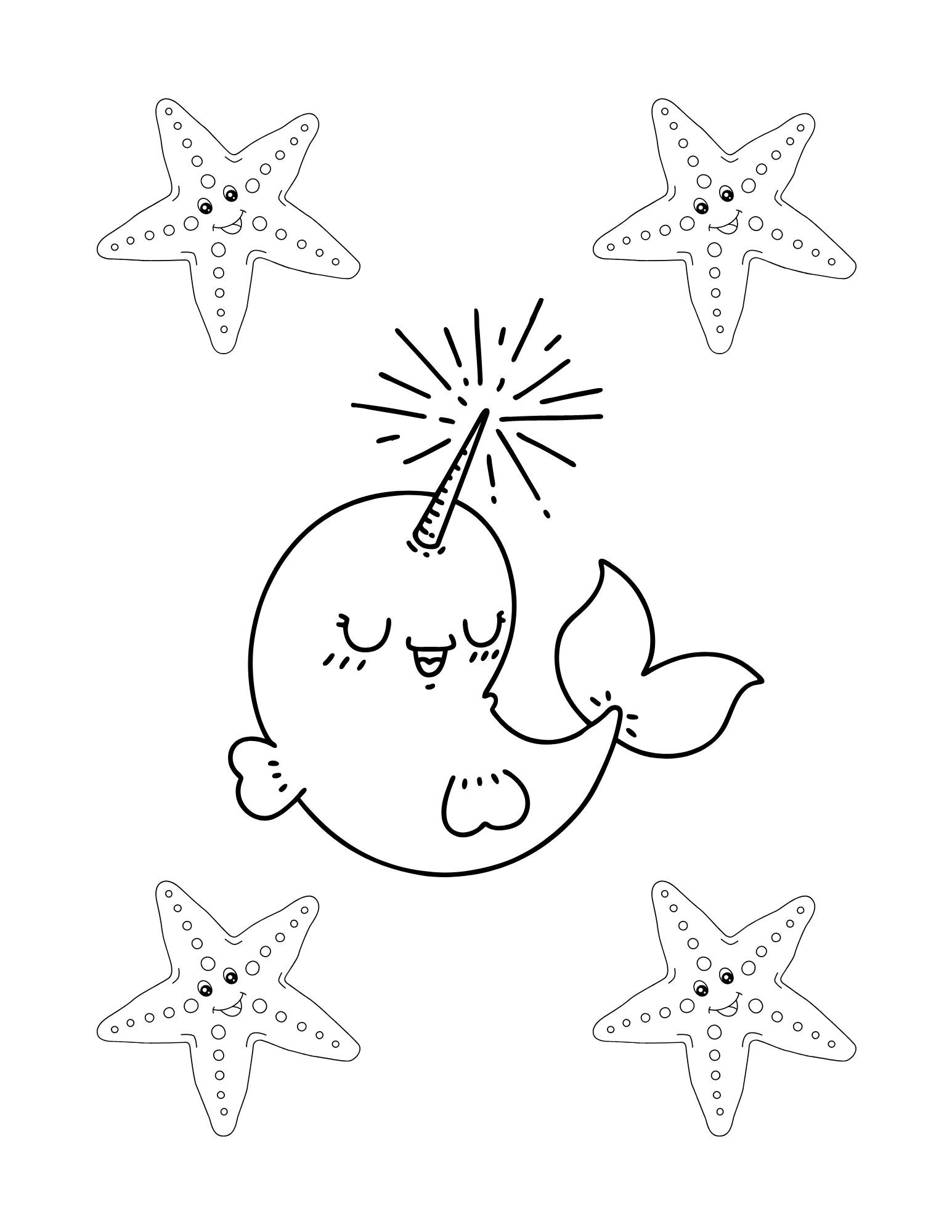 Narwhal and starfish fantasy coloring page