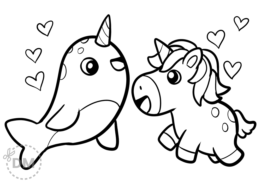 Narwhal and unicorn friends coloring page