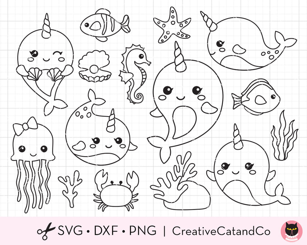 Cute narwhal outline for coloring svg cut files