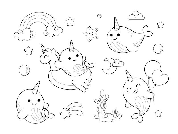 Premium vector cute narwhal unicorn sea drawing coloring page illustration