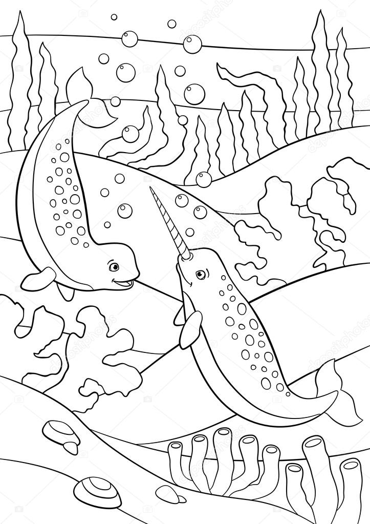 Coloring pages two little cute narwhals swim underwater stock vector by ya