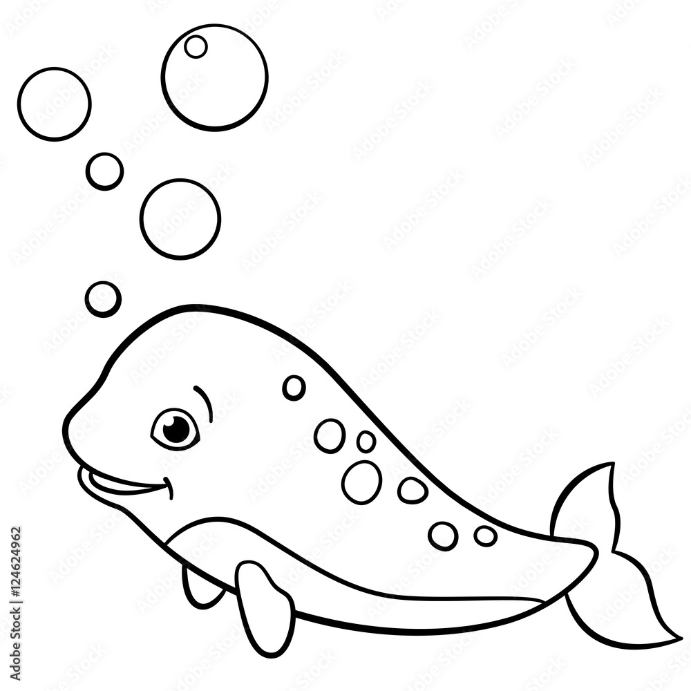 Coloring pages little cute baby narwhal swims vector