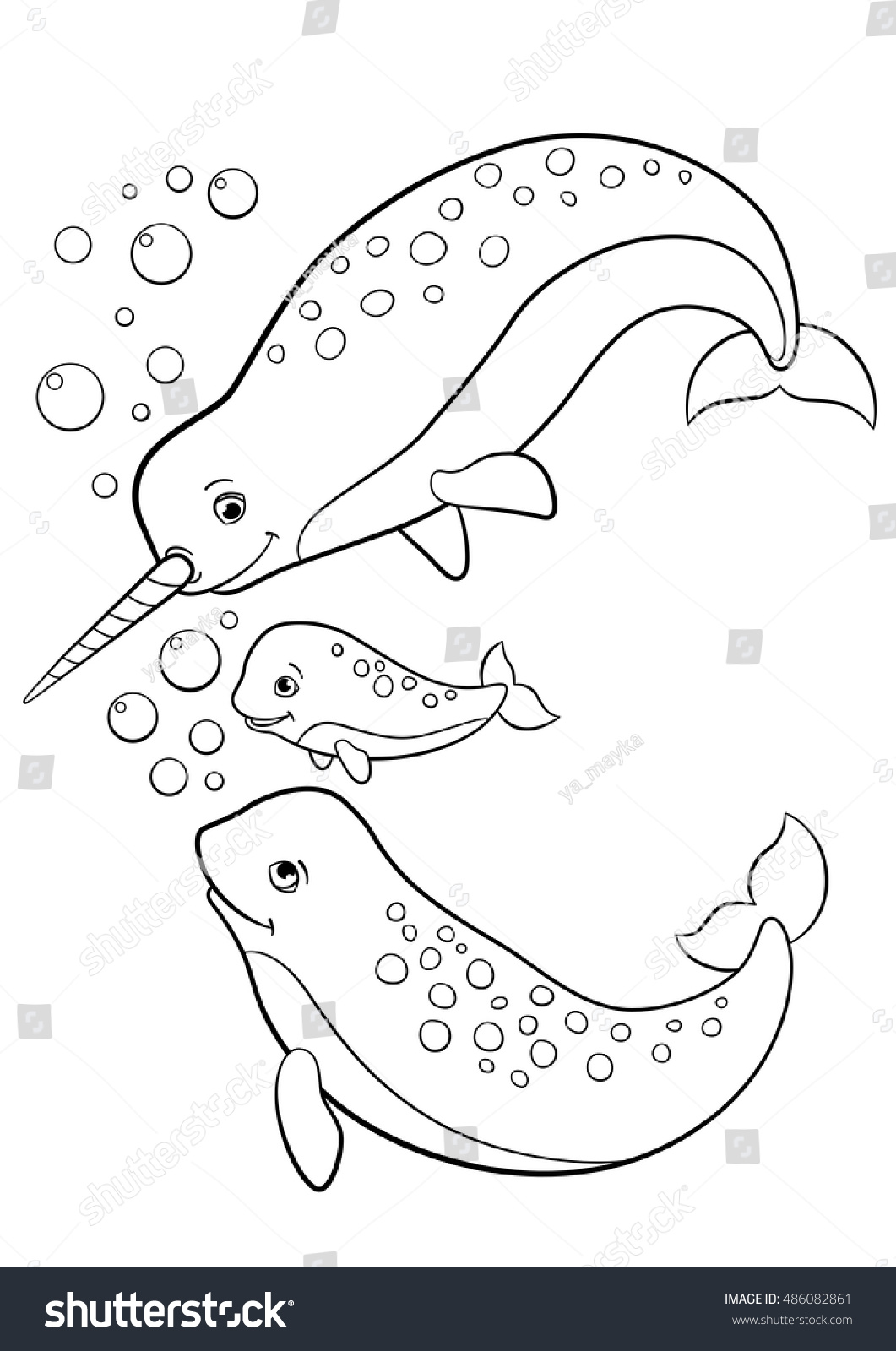 Coloring pages mother father baby narwhals stock vector royalty free