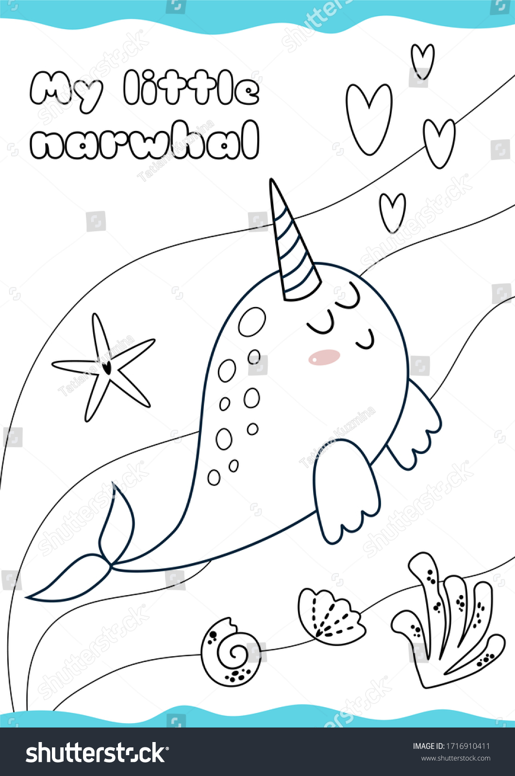 Easy coloring page narwhal cute animal stock illustration