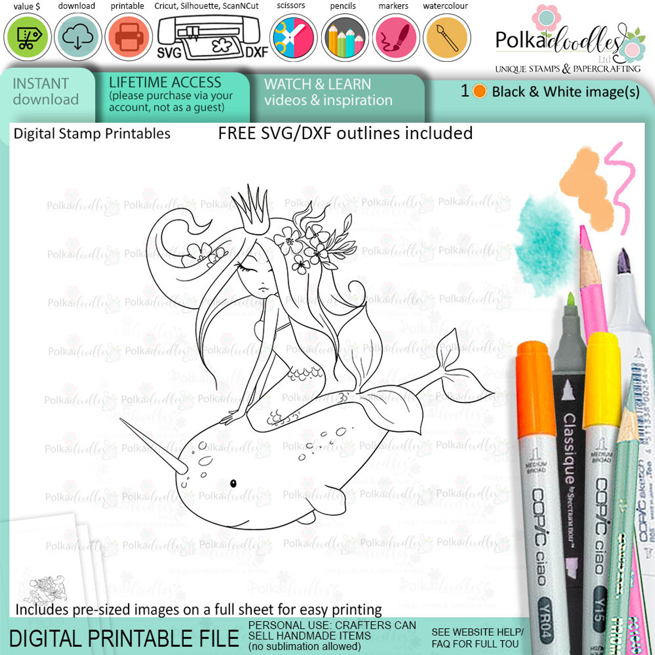 Narwhal whale loring printable card making craft scrapbook