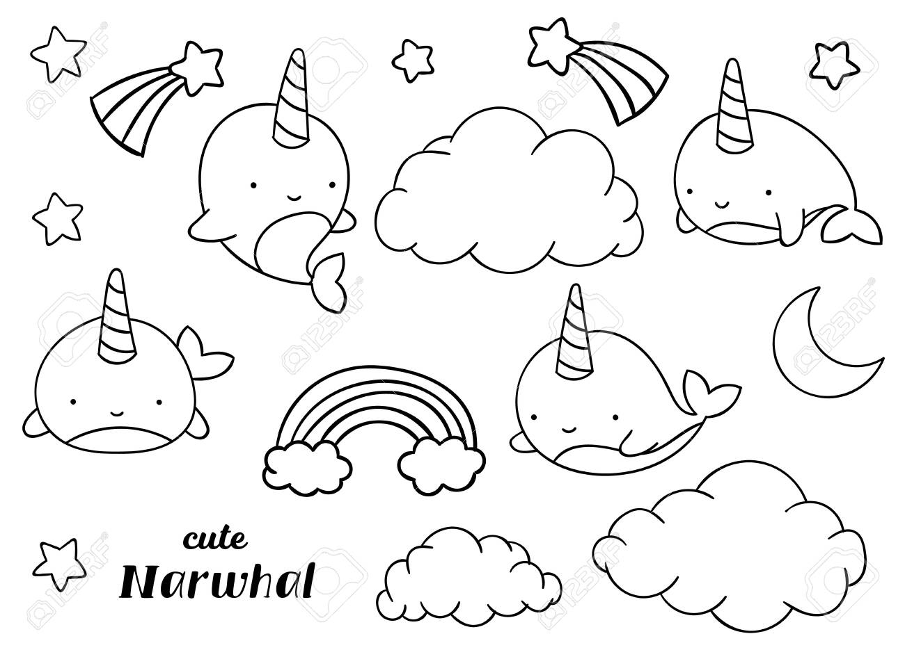 Coloring pages black and white set cute hand drawn narwhal doodles print royalty free svg cliparts vectors and stock illustration image