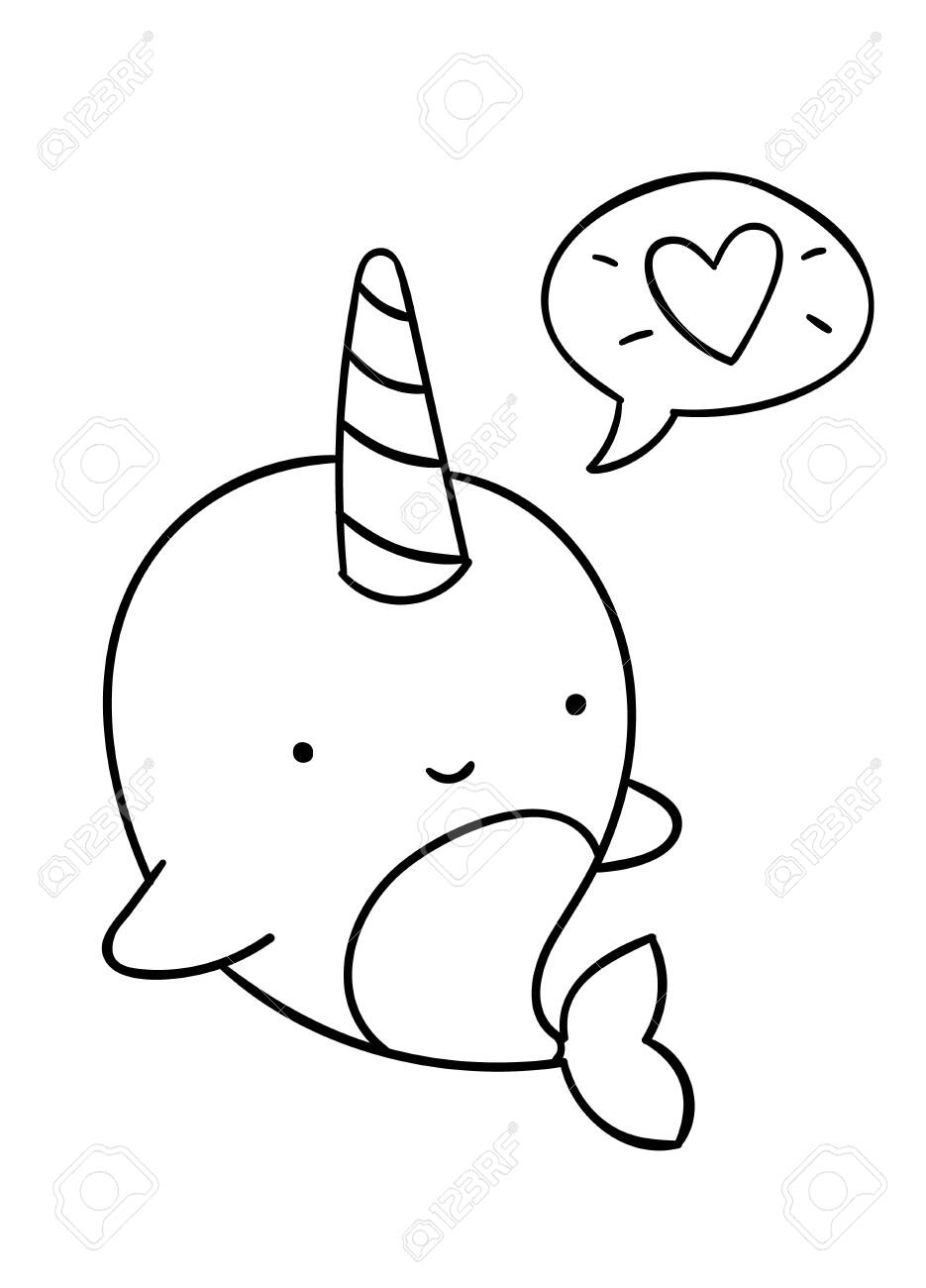 Coloring pages black and cute hand drawn narwhal talk love doodles print royalty free svg cliparts vectors and stock illustration image