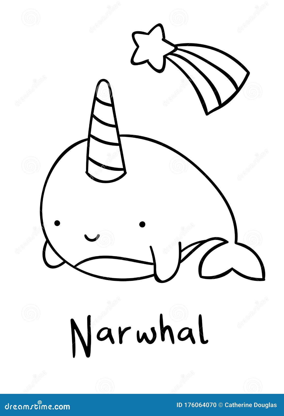 Coloring pages black and white cute kawaii hand drawn narwhal doodles lettering narwhal stock vector