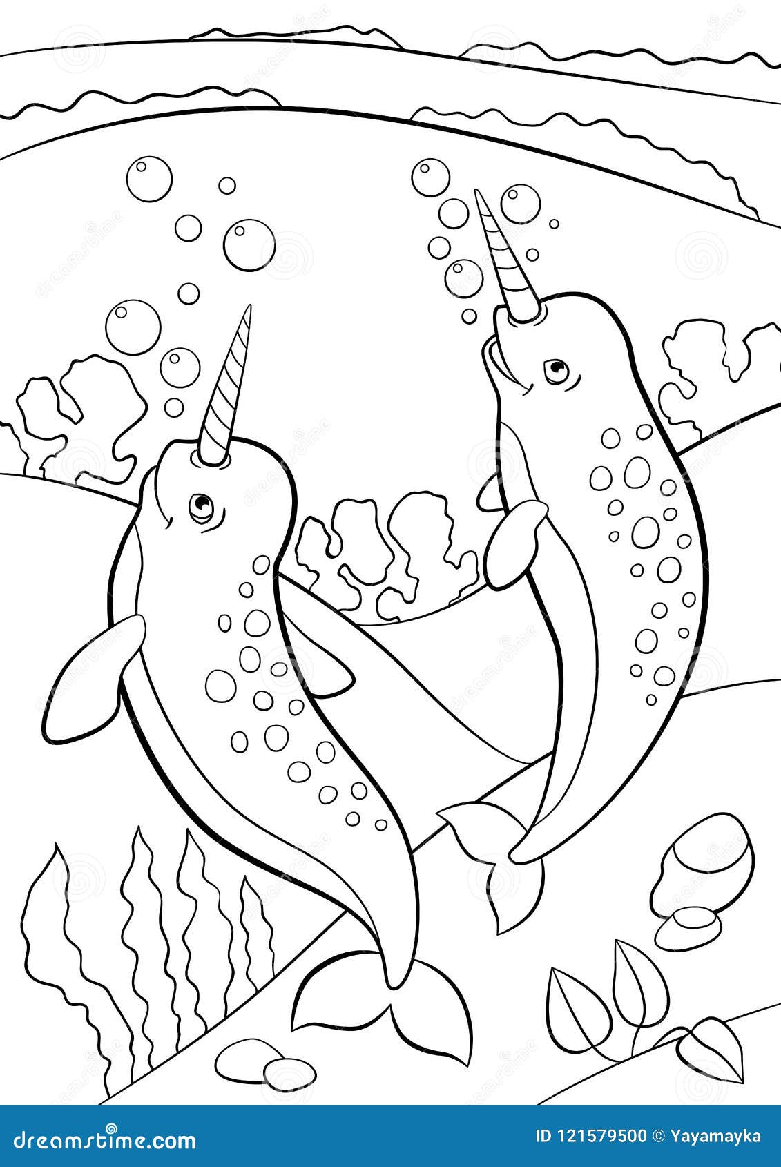 Coloring pages two little cute narwhals swim underwater stock vector