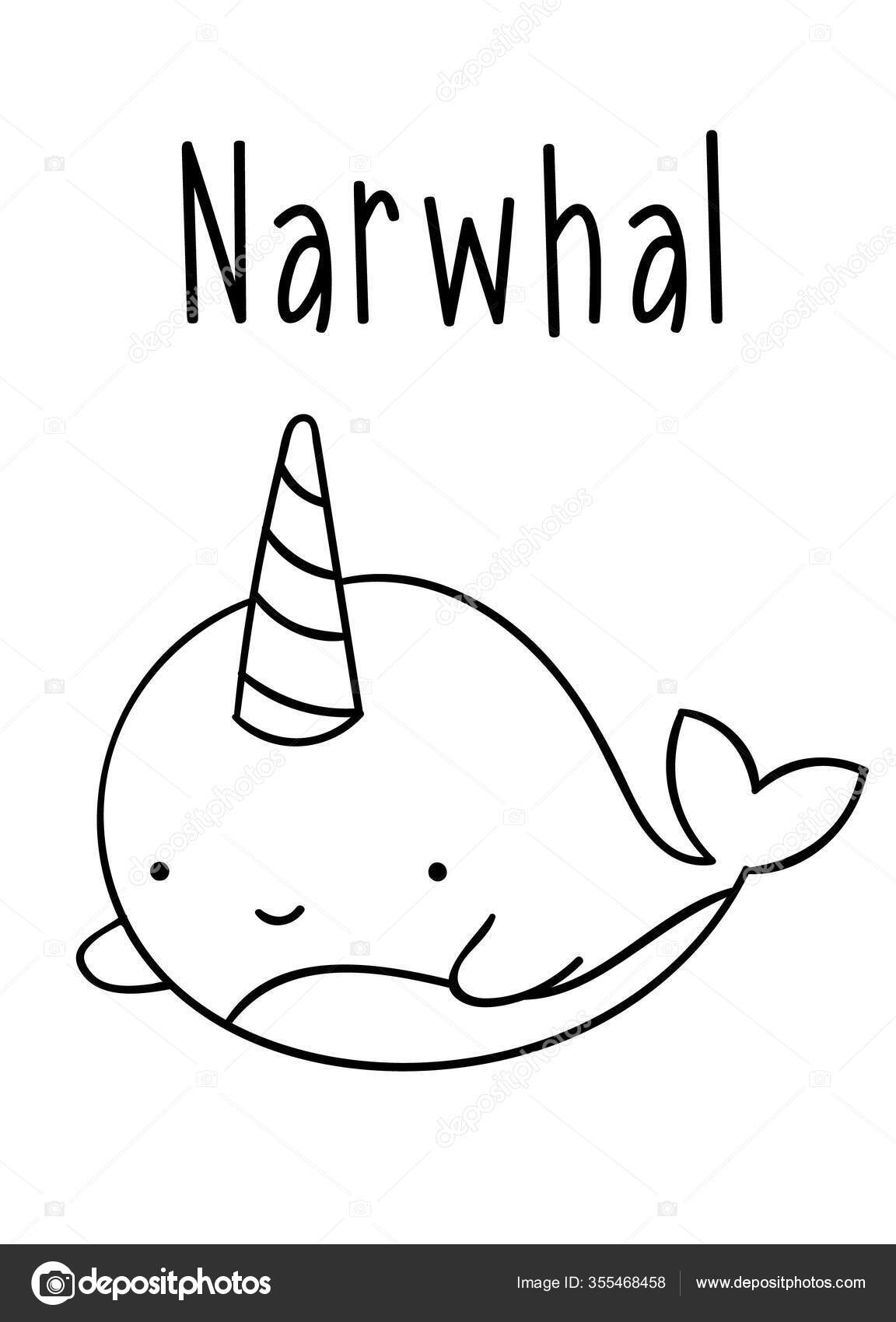 Coloring pages black white cute kawaii hand drawn narwhal doodles stock vector by dikabrina