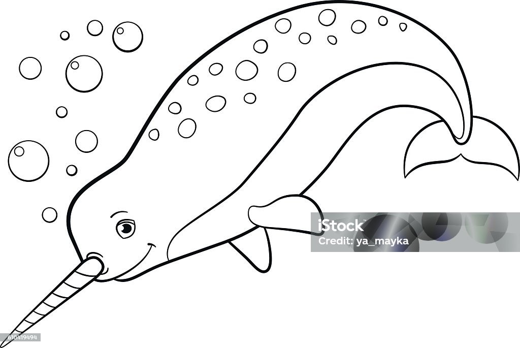 Coloring pages little cute narwhal swims stock illustration