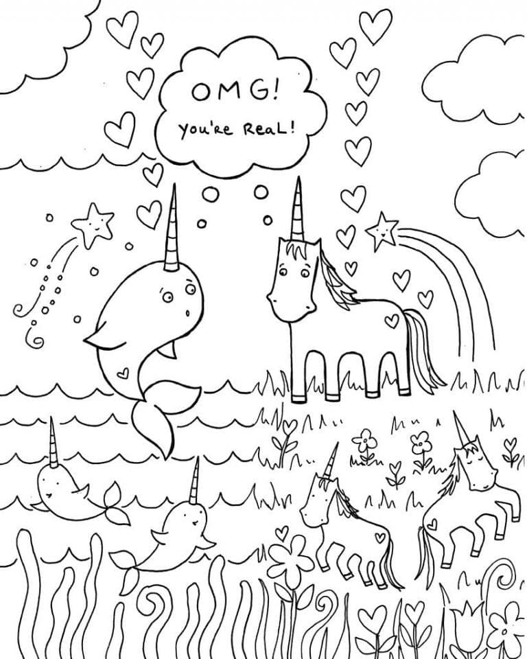 Narwhal and unicorn coloring page