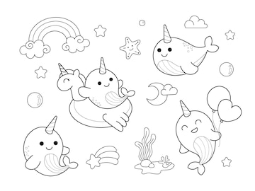 Premium vector cute narwhal unicorn sea drawing coloring page illustration