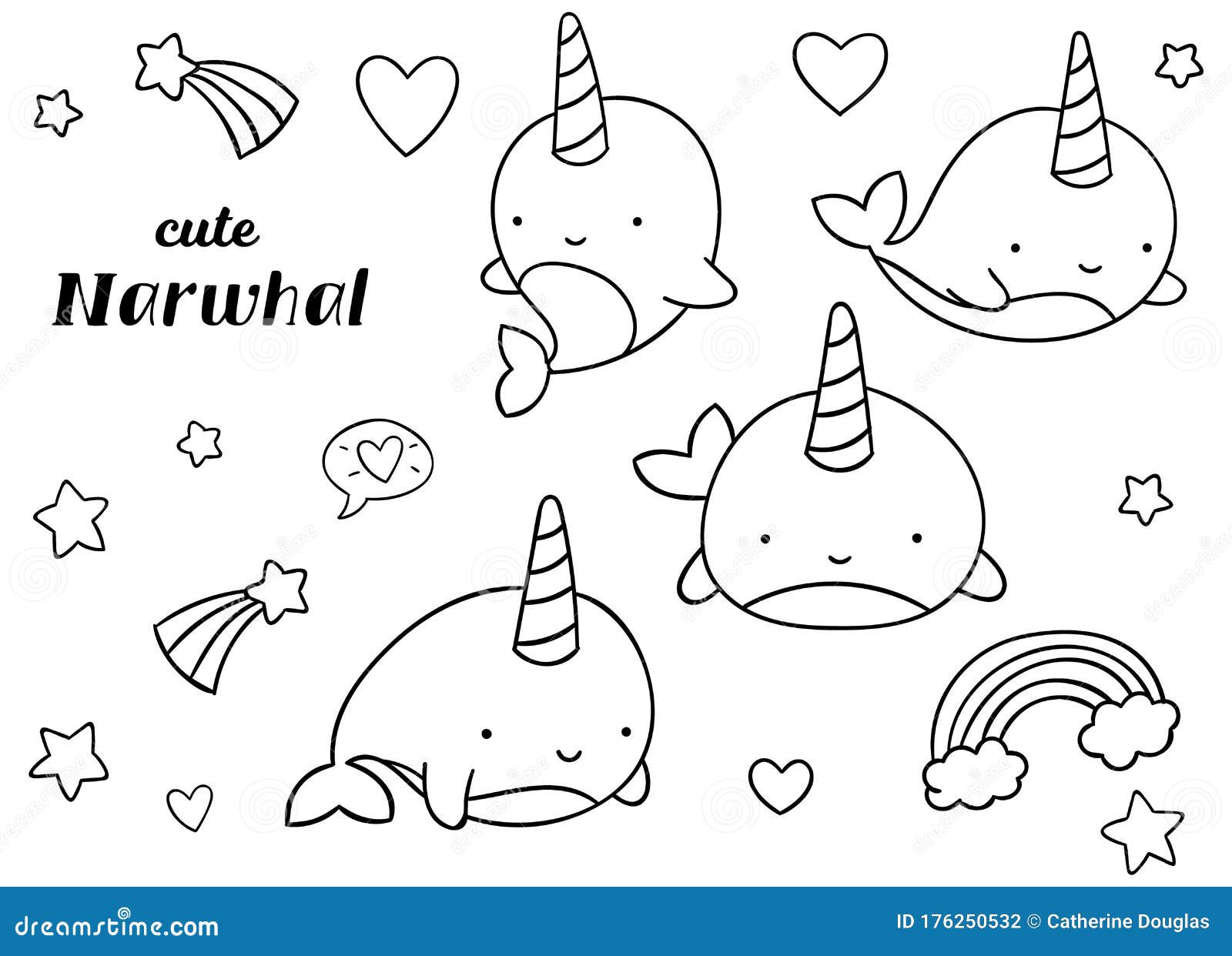 Coloring pages black and white set cute kawaii hand drawn narwhal doodles stock vector