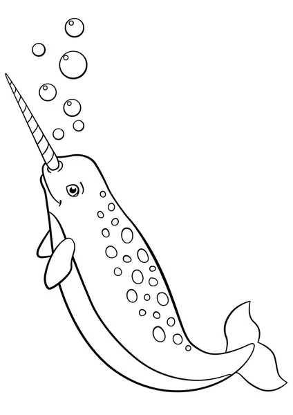 Coloring pages little cute narwhal swims stock vector by ya