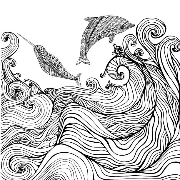 Dolphin and narwhal and ocean waves coloring page for children a stock illustration