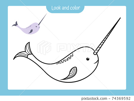 Coloring page outline of narwhal with colored