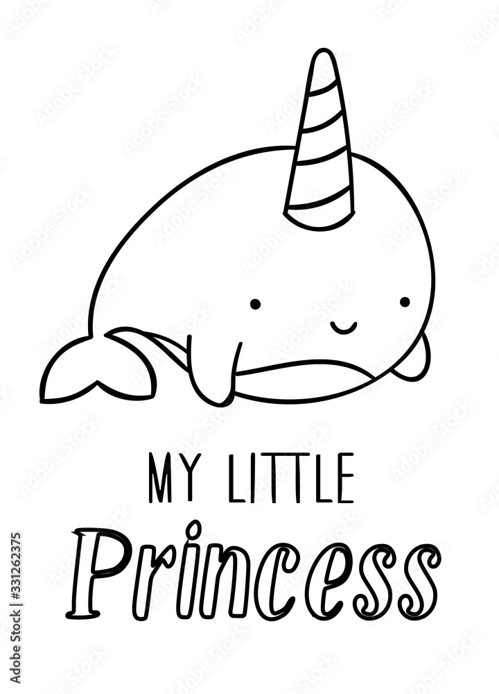 Coloring pages black and white cute kawaii hand drawn narwhal doodles lettering my little princess vector