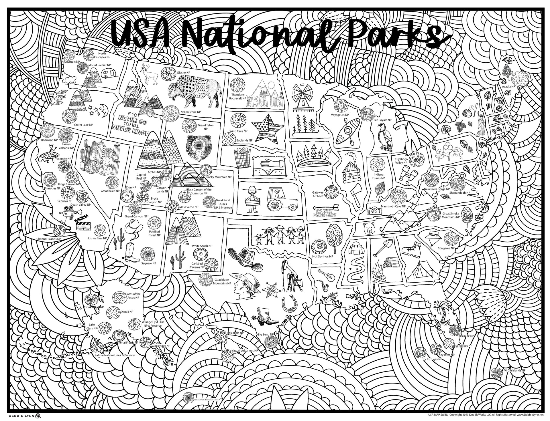 National park map giant coloring poster x â debbie lynn