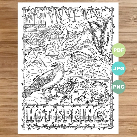 National park coloring page hot springs arkansas national park landscape animal plant wildflower coloring page printable