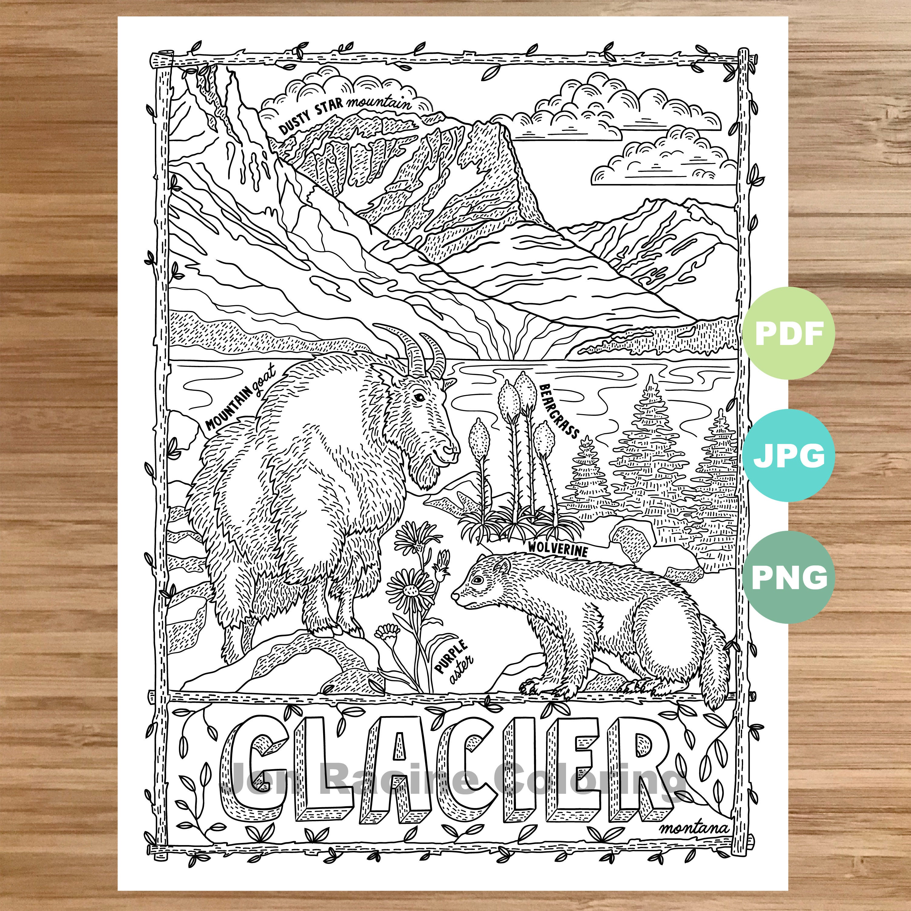 National park coloring page glacier montana national park landscape animal plant wildflower coloring page printable