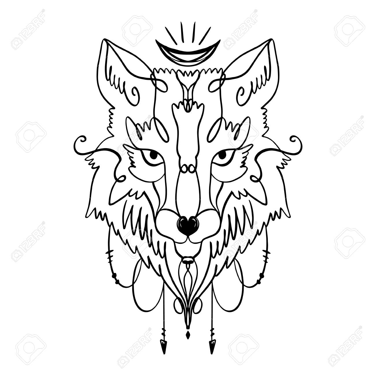 Patterned head of the wolf mask animal face on white background antistress coloring picture african or indian totem boho style flash tattoo design antistress art good for t