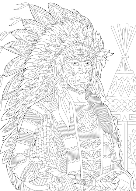 Premium vector native american indian chief zentangle line art design for adult coloring book page