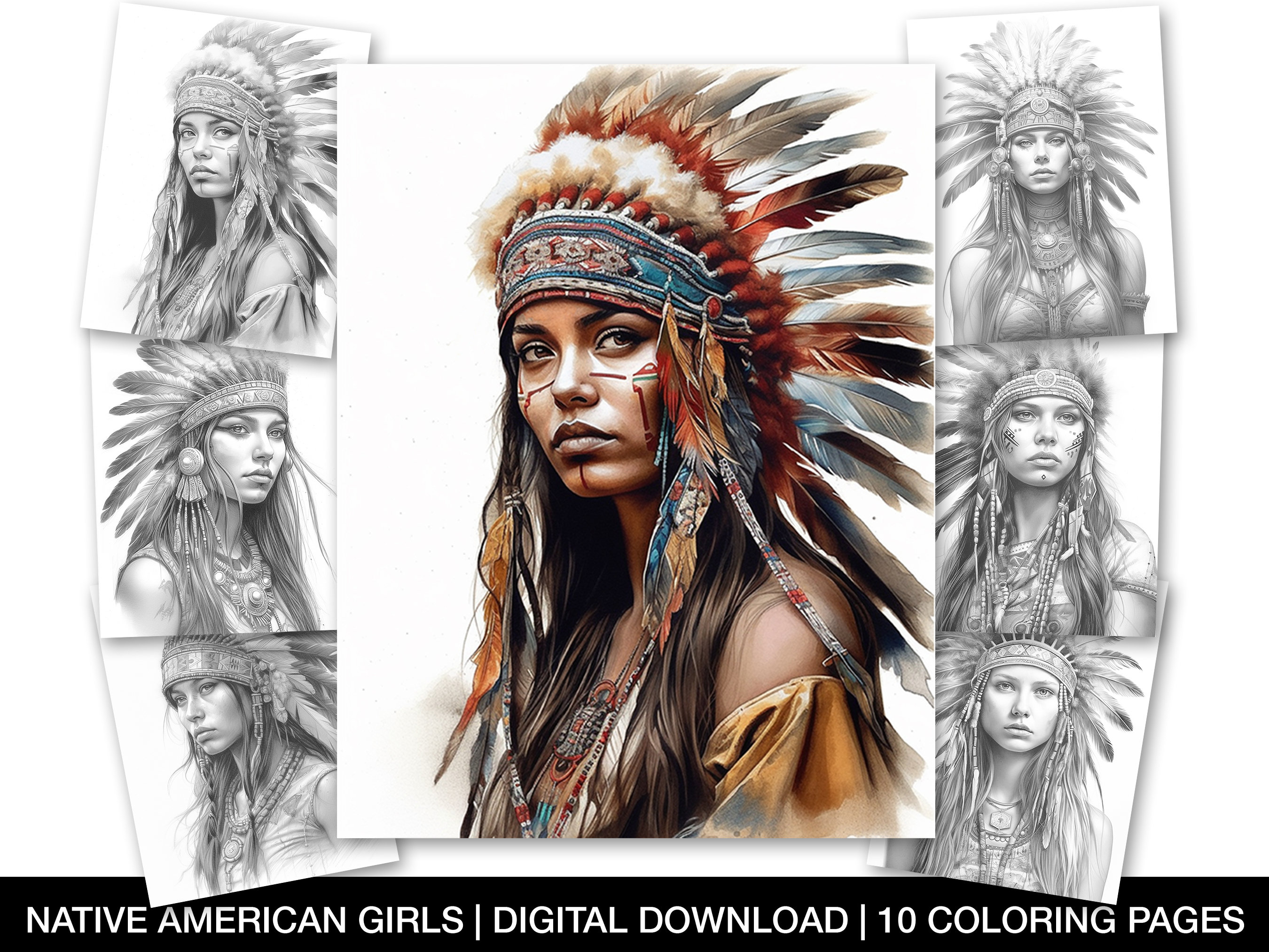 Adult coloring sheets native american women coloring pages printable grayscale portraits indigenous art instant download coloring pages