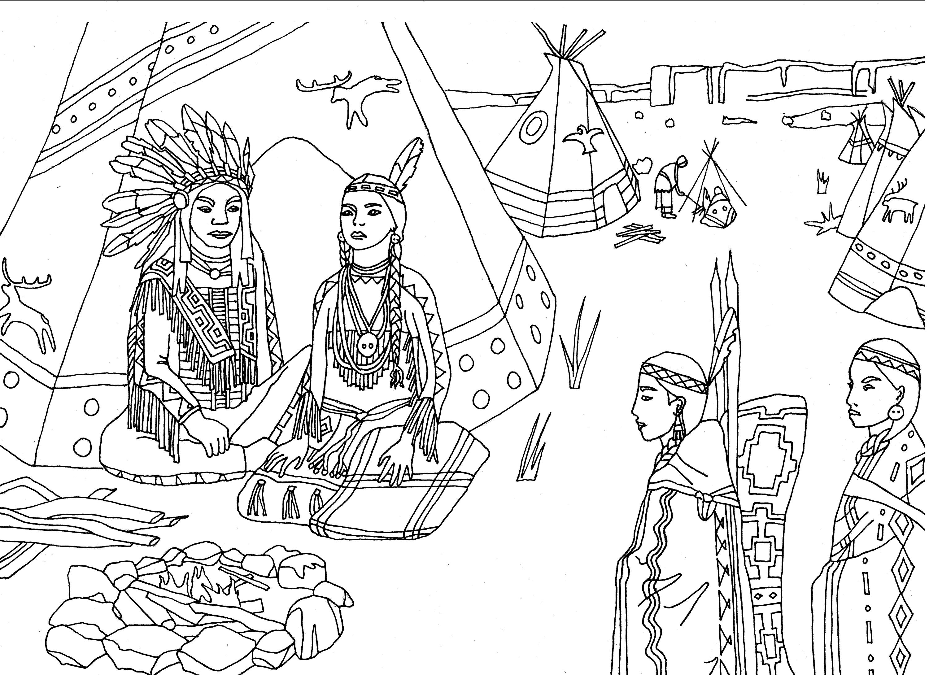 Native americans indians sat in front of a tepee