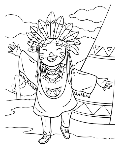 Premium vector happy native american indian girl coloring page