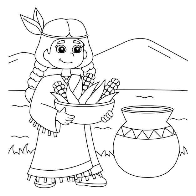 Premium vector thanksgiving native girl with corns coloring page