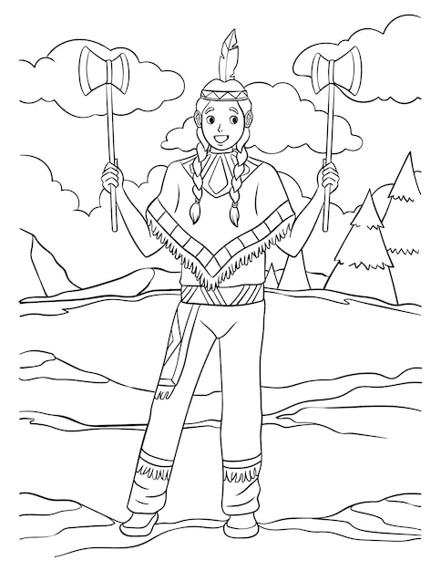 Premium vector native american indian with tomahawk coloring page