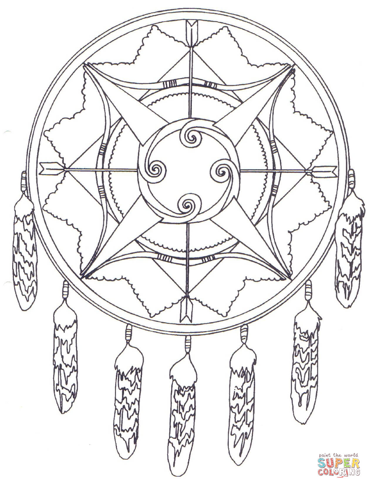 Native american mandala with bows and arrows coloring page free printable coloring pages