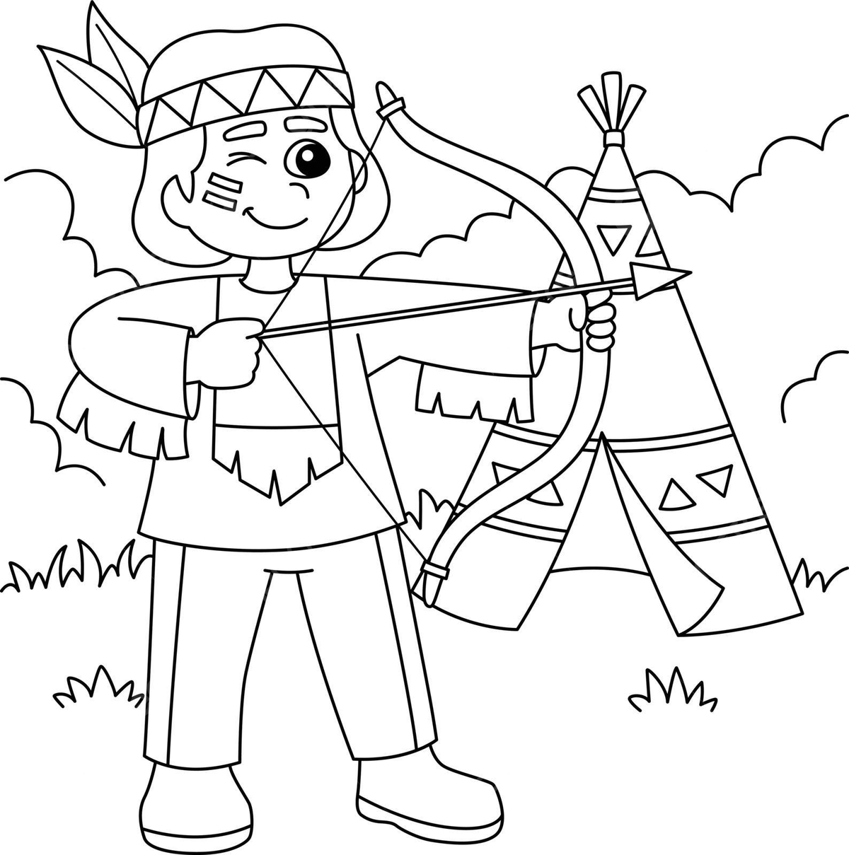 Native american holding a bow coloring page pilgrim traditional colouring book vector book drawing ring drawing native american drawing png and vector with transparent background for free download