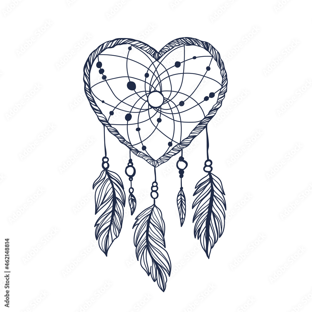 Vetor de hand drawn native american indian talisman dreamcatcher heart with feathers vector hipster illustration isolated on white ethnic design boho chic tribal symbol coloring book for adults do