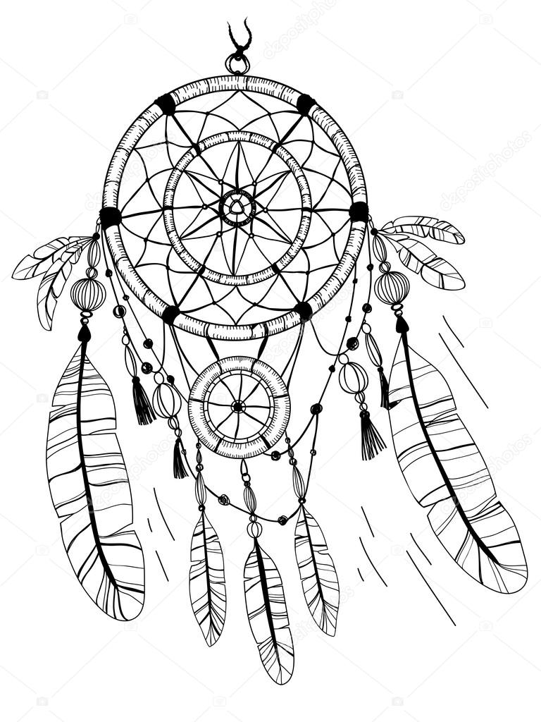 Dreamcatcher feathers and beads coloring page stock vector by alenakaz