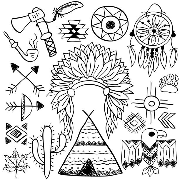 Hand drawn doodle vector native american symbols set stock illustration