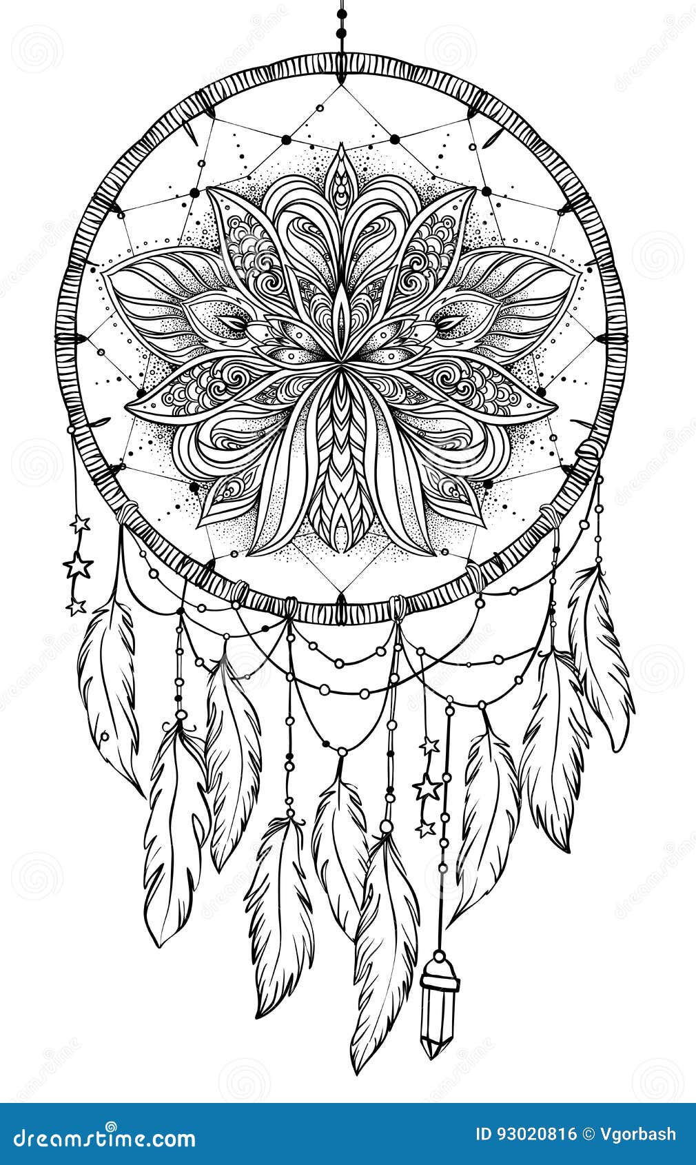 Hand drawn native american indian talisman dreamcatcher with feathers and moon vector hipster illustration isolated on white stock vector