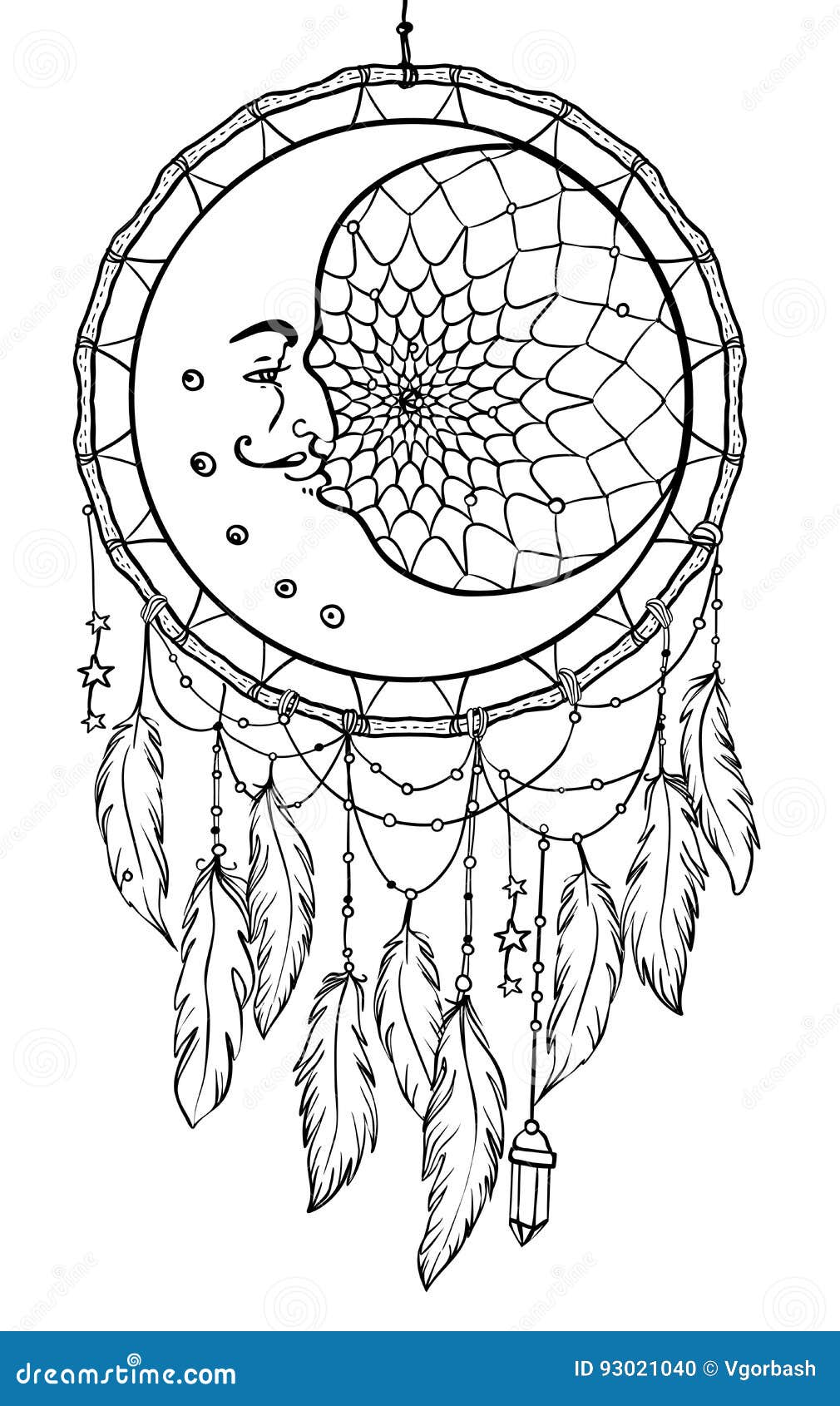 Hand drawn native american indian talisman dreamcatcher with feathers and moon vector hipster illustration isolated on white stock vector