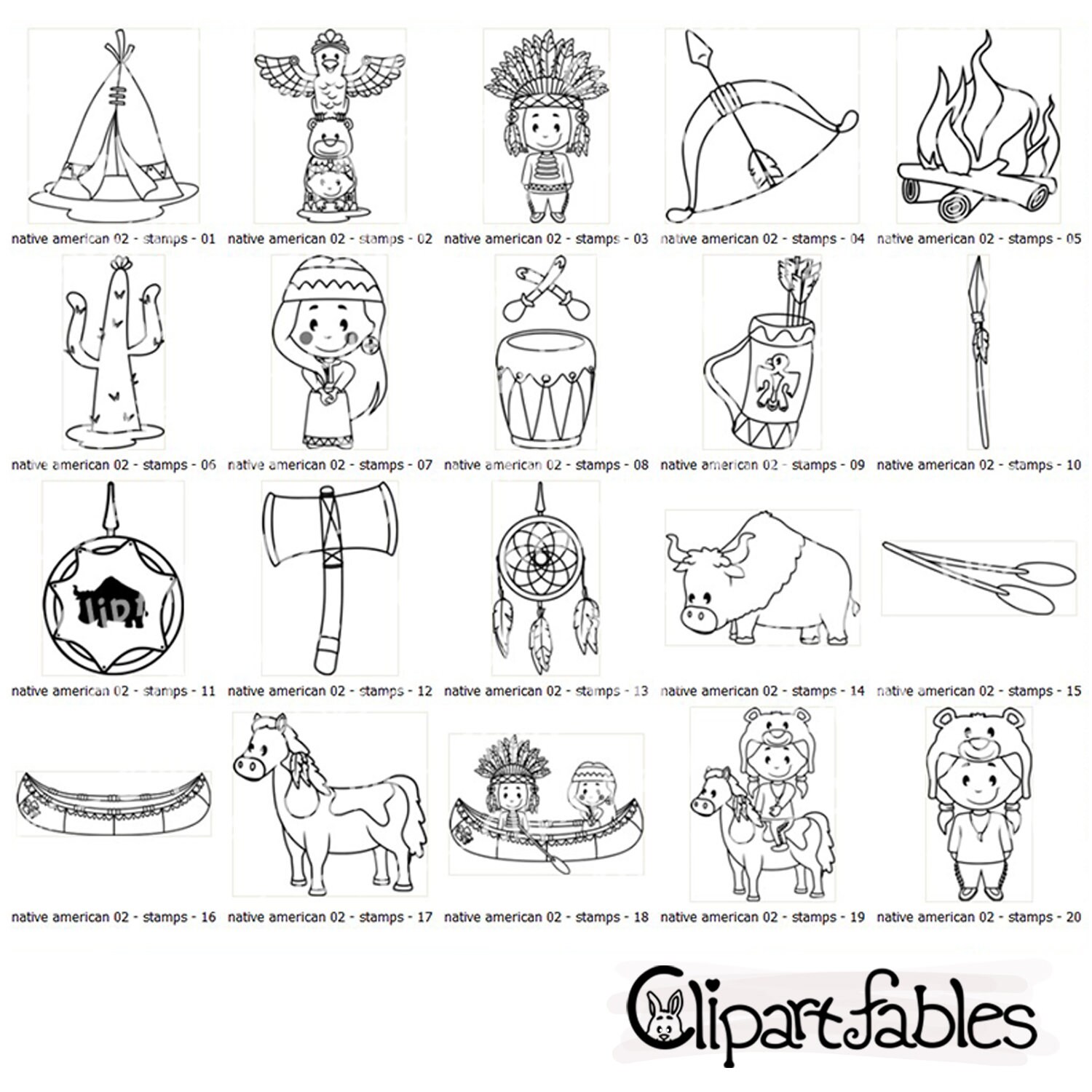 Native american digital stamps dream catcher outline western clipart cute indians totem pole buffalo instant download colouring