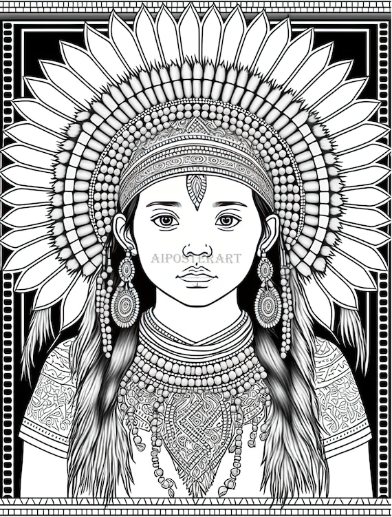 Indigenous american coloring download girl native american headdress download printable native american coloring page coloring sheet