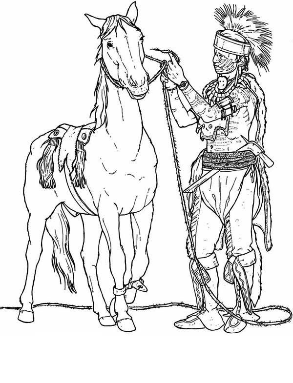 Native american preparing his horse coloring page horse coloring pages horse coloring native american drawing