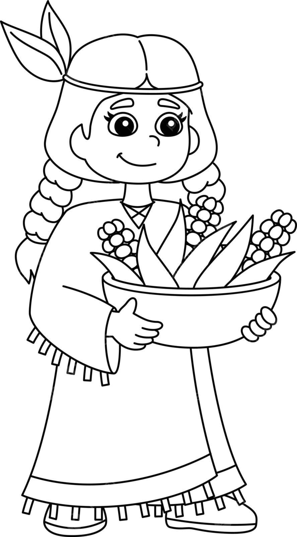 Thanksgiving girl with corns isolated coloring basket line native vector basket line native png and vector with transparent background for free download